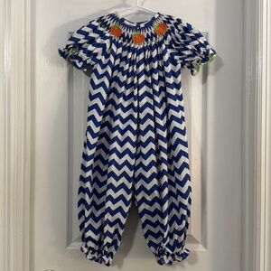 Southern Sunshine Kids Baby Girl Blue and White Pumpkin Smocked Chevron Romper